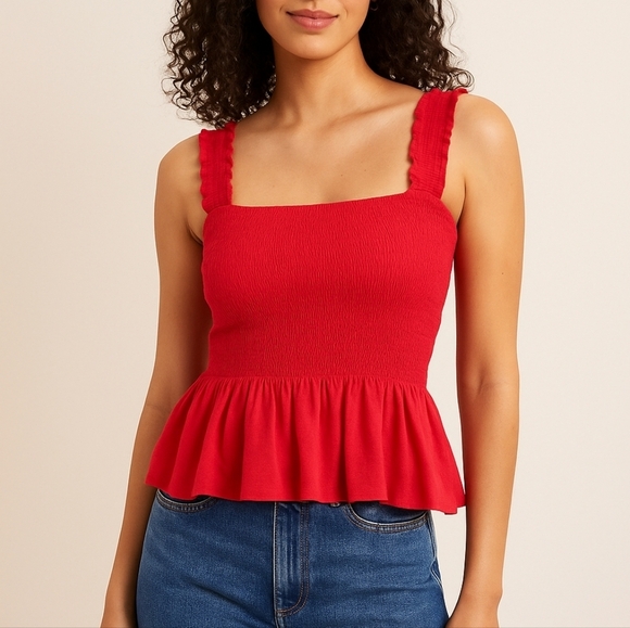 Elodie Tops - Elodie Red Smocked Peplum Tank Top